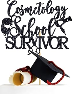 Cosmetology School Survivor Cake Topper, Congrats Barber, Class of 2024 Cosmetolgy Graduation Party Decorations Supplies, Black Glitter