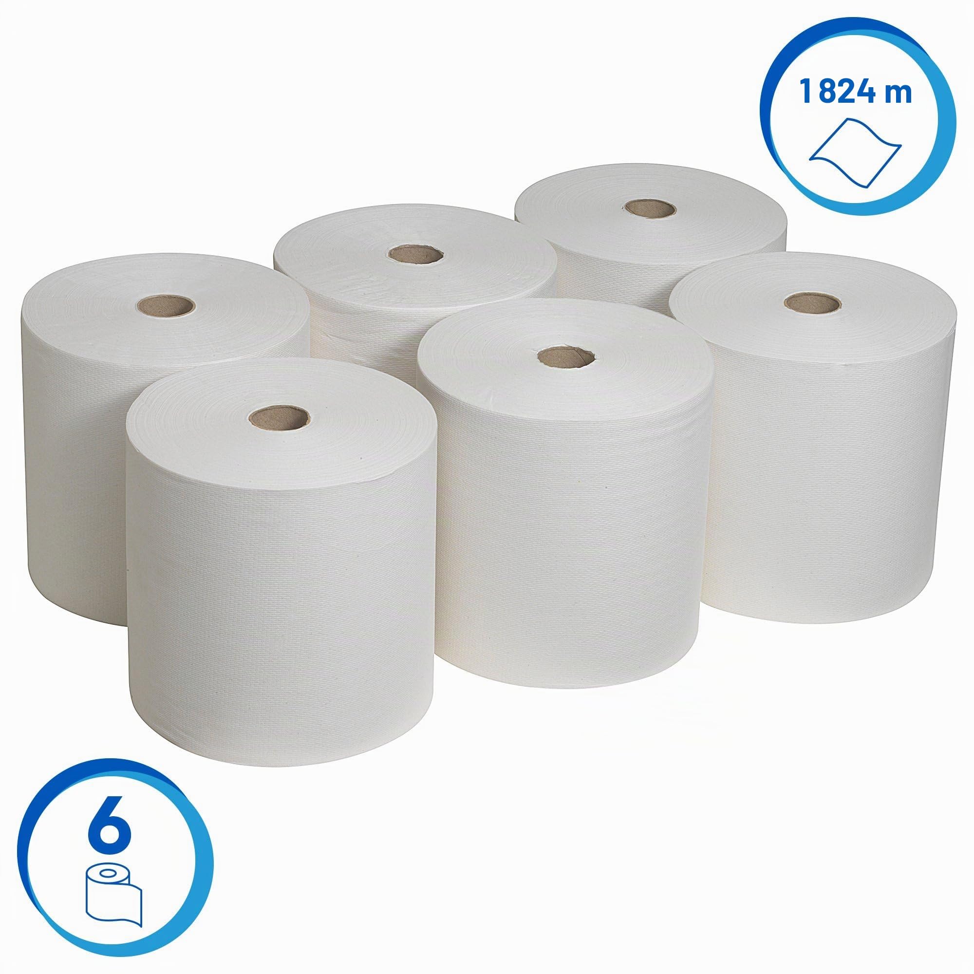 Scott Essuie-Mains Roulés 6667, 1 Épaisseur, Blanc, Ultra Absorbants, Certifiés Contact Alimentaire, Idéal pour Zones Sanitaires à Forte Fréquentation, 6 Rouleaux x 304 m (1 824 m au Total)