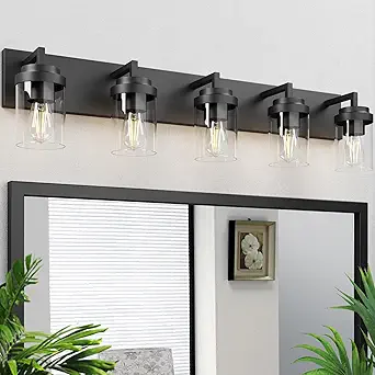 Espird Modern 5-Light Black Bathroom Vanity Light with Clear Glass Shade, 37.4 x 4.7 x 6 inches
