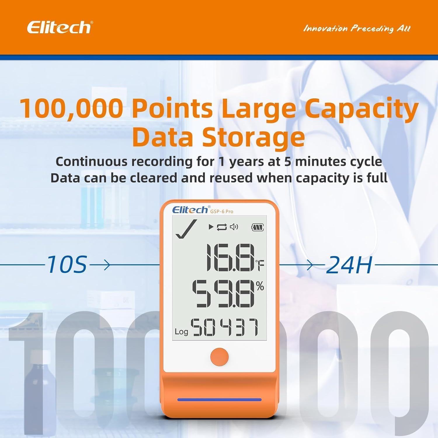Elitech Registrador de Temperatura Bluetooth con 2 Sondas de Congelamiento con Shadow Data, Informe PDF CSV 100.000 Puntos, Certificado de Calibración para Refrigerador de Farmacia, MAX MIN AVR MKT