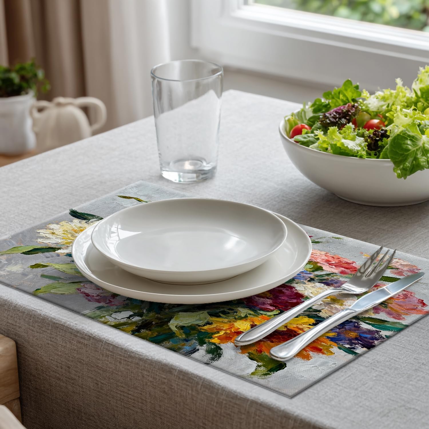 Batmerry Colorful Summer Decorative Placemats, Spring Oil On Canvas Woven Burlap Modern Placemats for Dining Table Kitchen Table Round Table Farmhouse Wedding Decor Indoor Set of 4