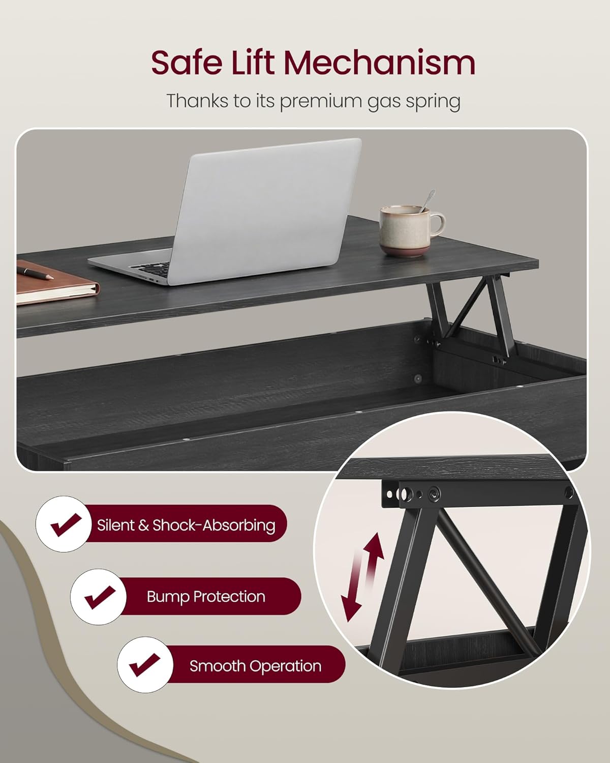 Close-up of the gas spring mechanism on the VASAGLE coffee table, highlighting silent, shock-absorbing, and smooth operation.