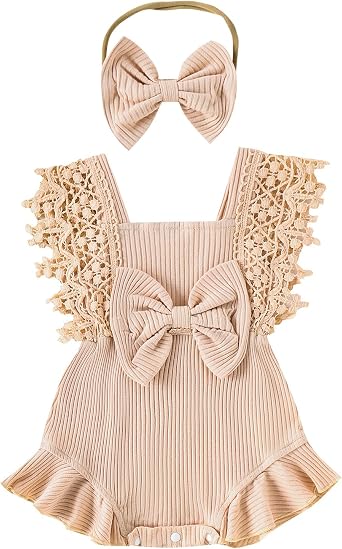 Yoawdats Baby Girl Lace Romper Sleeveless Ruffle Bow Decorated Romper Jumpsuit Bodysuit with Headband Newborn Baby Clothes