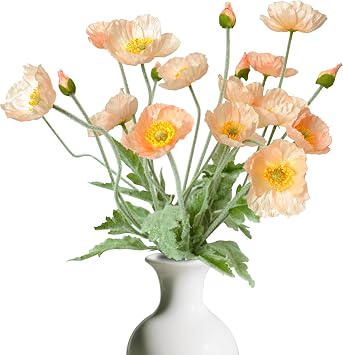 Artificial Poppy Flowers, 5 Bundles Faux Poppies with Stems for Floral Arrangements - Wedding, Home, Office, Party Table Centerpiece Decor Light Peach