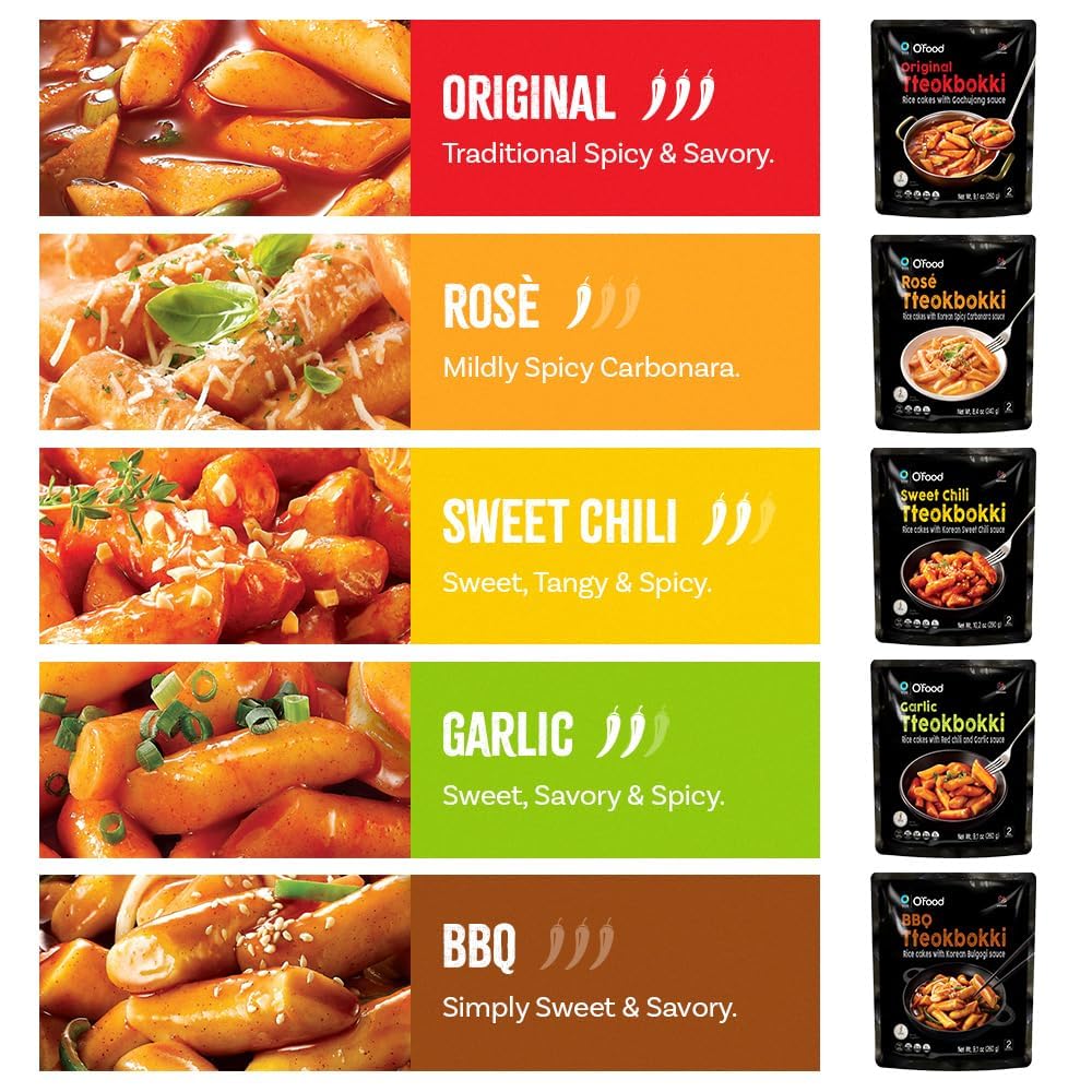 Tteokbokki Korean Rice Cakes – [Sweet Chili | Pack of 1] – Gluten Free | Ready in 3 Minutes | 0 Cholesterol/ 0 Trans Fat | 2 Servings Spicy Street Snack | Healthy/Savory/Spicy - O’food Sweet Chili Pack of 1