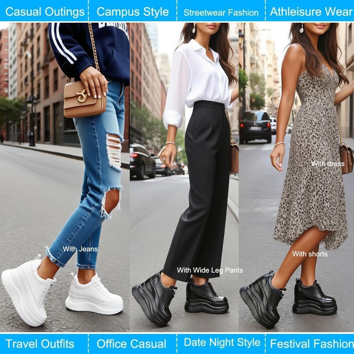 5 inch Black White Platform Sneakers for Women- 8cm Chunky Sole 5cm Hidden Wedge He... - Image 5