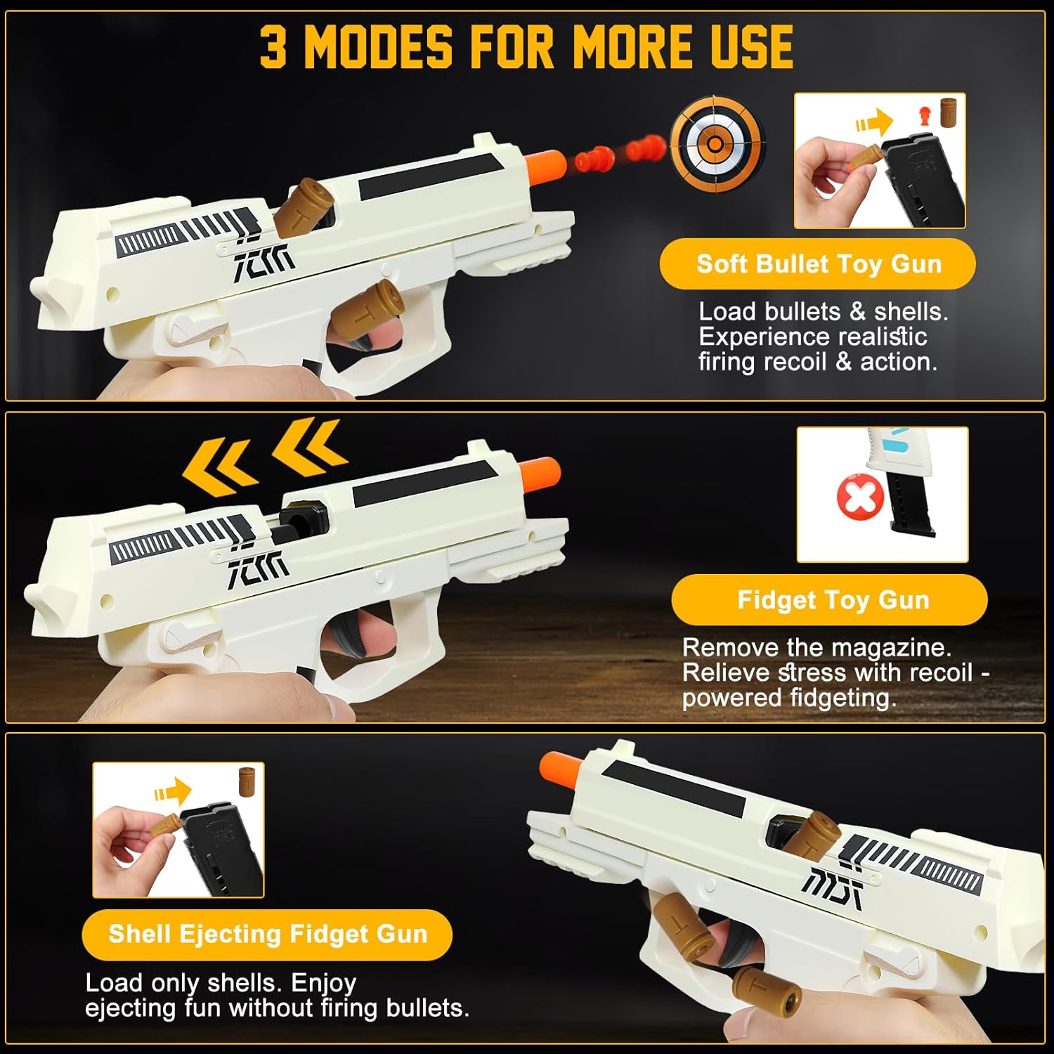 Automatic Shell Ejecting Toy Gun for Age 13+ Years, Fidget & Shooting Game, Realistic Toy Pistol with 120 Soft Bullets, 18 Shells & 2 Magazines, Ideal Gift for Halloween Christmas(White)