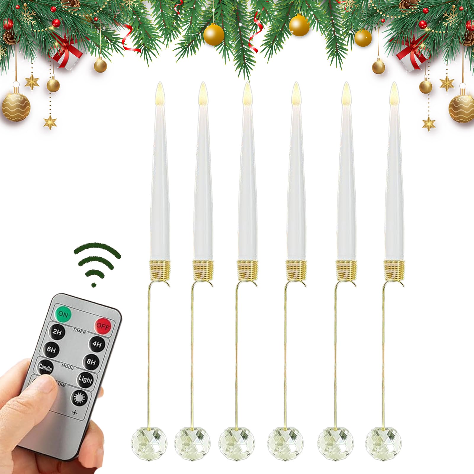 Velas Navideñas para Árbol con Mando y 6 Luces LED sin Llama con Ganchos de Perlas 8