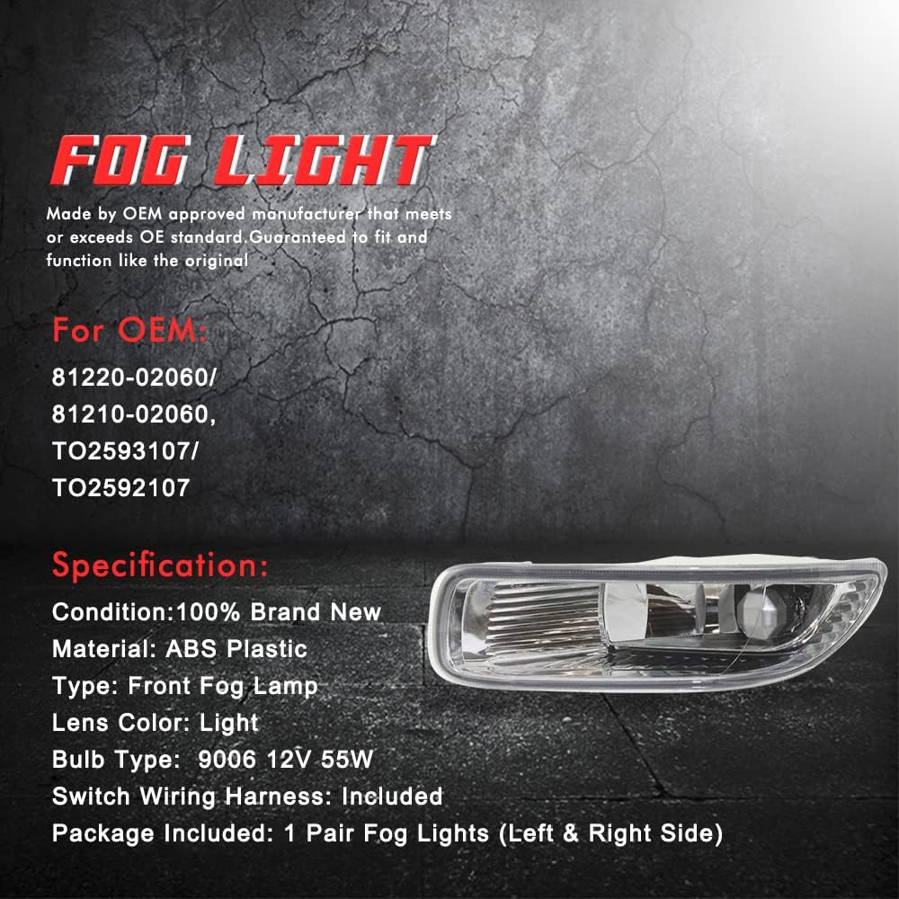 Driving Fog Lights Lamps Replacement for 2003 2004 03 04 Toyota Corolla with 9006 12V 35W Halogen Bulbs & Wiring Harness Kit (Clear Lens)