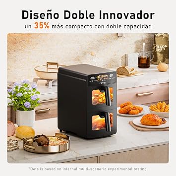 OKYUK Hot Air Fryer 2 Chambers 10 L Airfryer 2 Compartments Each 5 L 10 Programmes Fryer 2 Dishes Ready at the Same Time Hot Air Fryer Double Layer with Viewing Window 3D Convection System