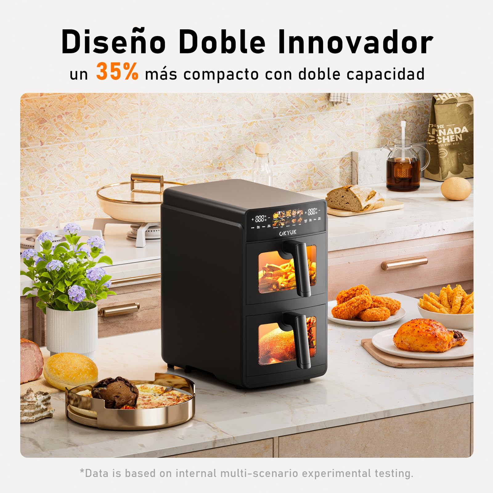 OKYUK Friggitrice ad Aria 10 Litri Double Stack XL, Friggitrice Aria 2 Scomparti, 10 Funzioni di cottura, Air Fryer calda a doppio strato con finestra,Design salva-spazio Nero