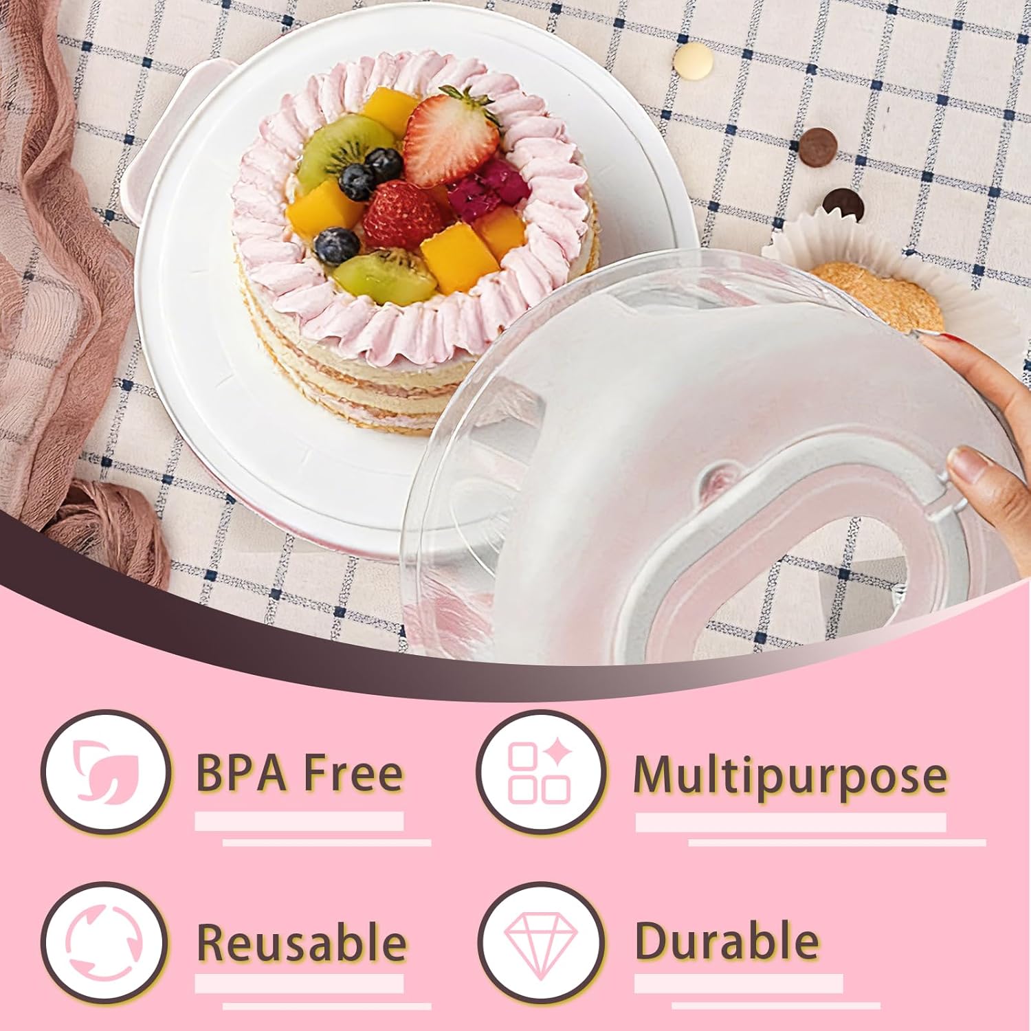 Plastic Cake Carrier with Lid and Handle, Multipurpose Cake Stand Holder Container for 11 in Cake, Round Cupcake Storage Box Serving Tray with Cover for Bundt Dessert Pie Pizza Eggs Fruit White