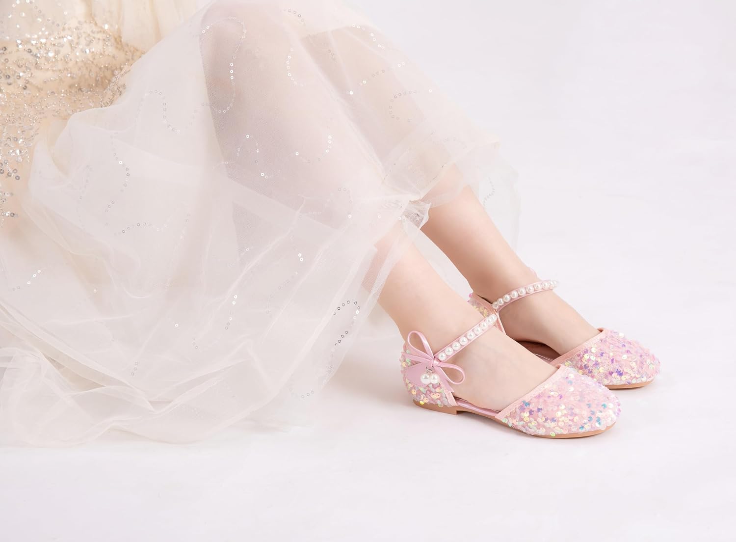 Little Girls Adorable Sparkle Ballerina Ballet Flats Pearl Strap Princess Dance Shoe Toddler Sequin Party Dress Up Mary Jane Shoes
