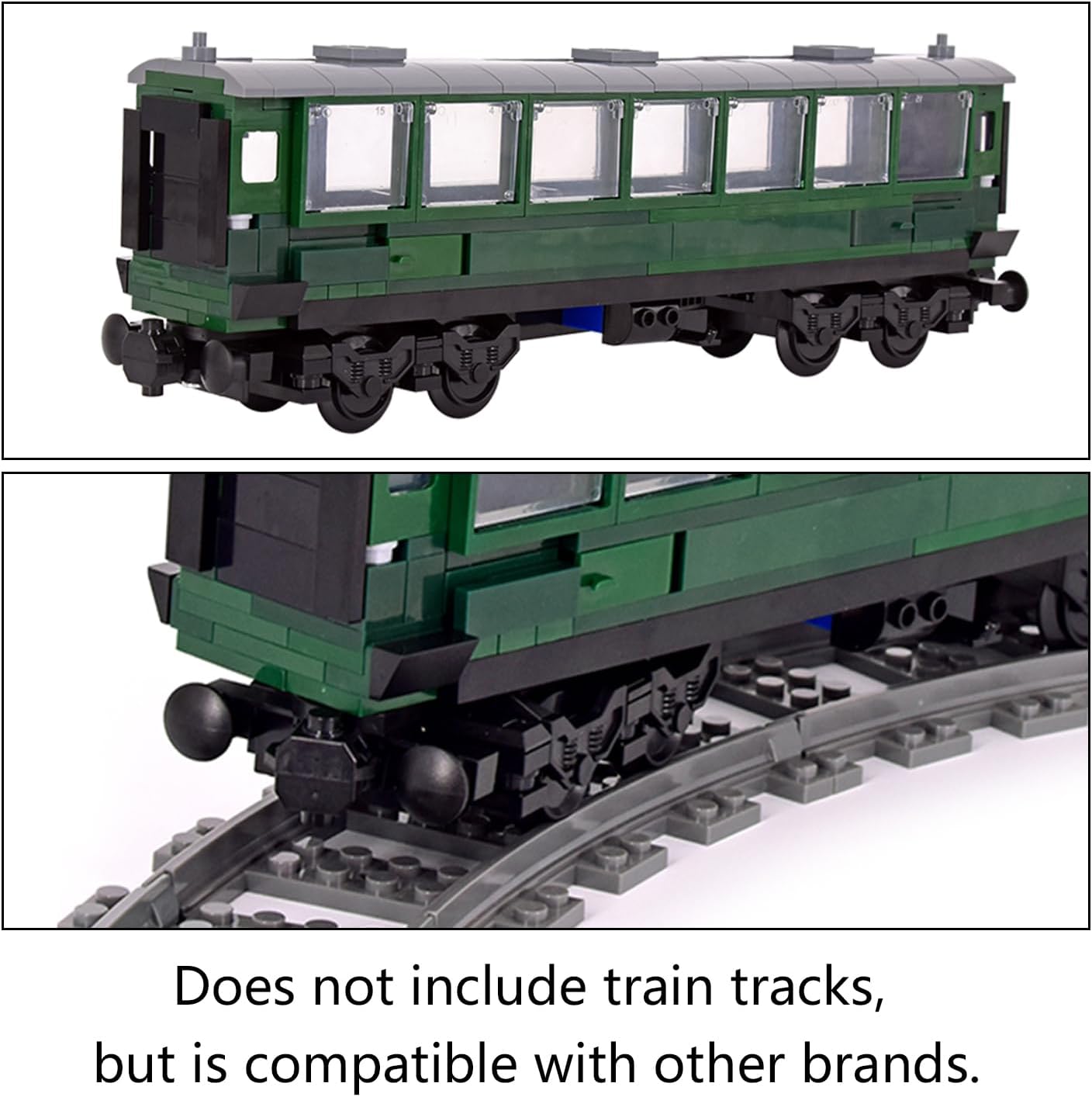 Train Building Block Carriage Kit, Green Passenger Coach Model, Plastic Railway Car with Architecture Theme, Compatible Building Set for Kids 6+