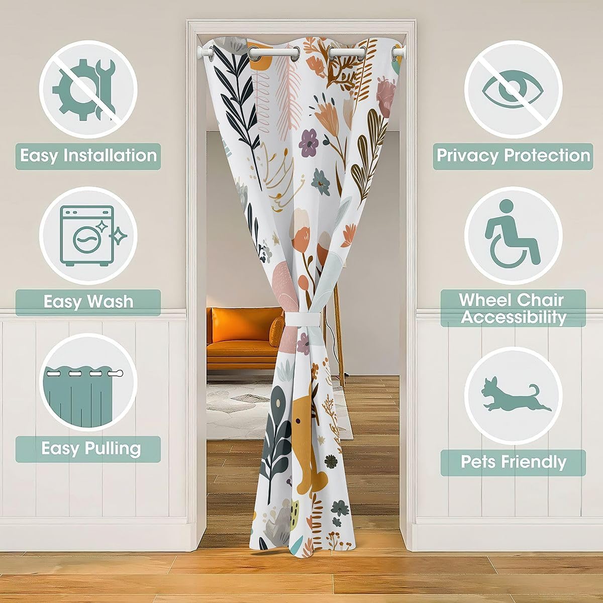 jejeloiu Rabbit Door Curtain for Doorway Privacy Kids 52"x80" Cute Rabbit 30%-50% Room Darkening Blackout Insulated Thermal Curtain Bunny Floral Branches Window Treatments Kawaii Elements
