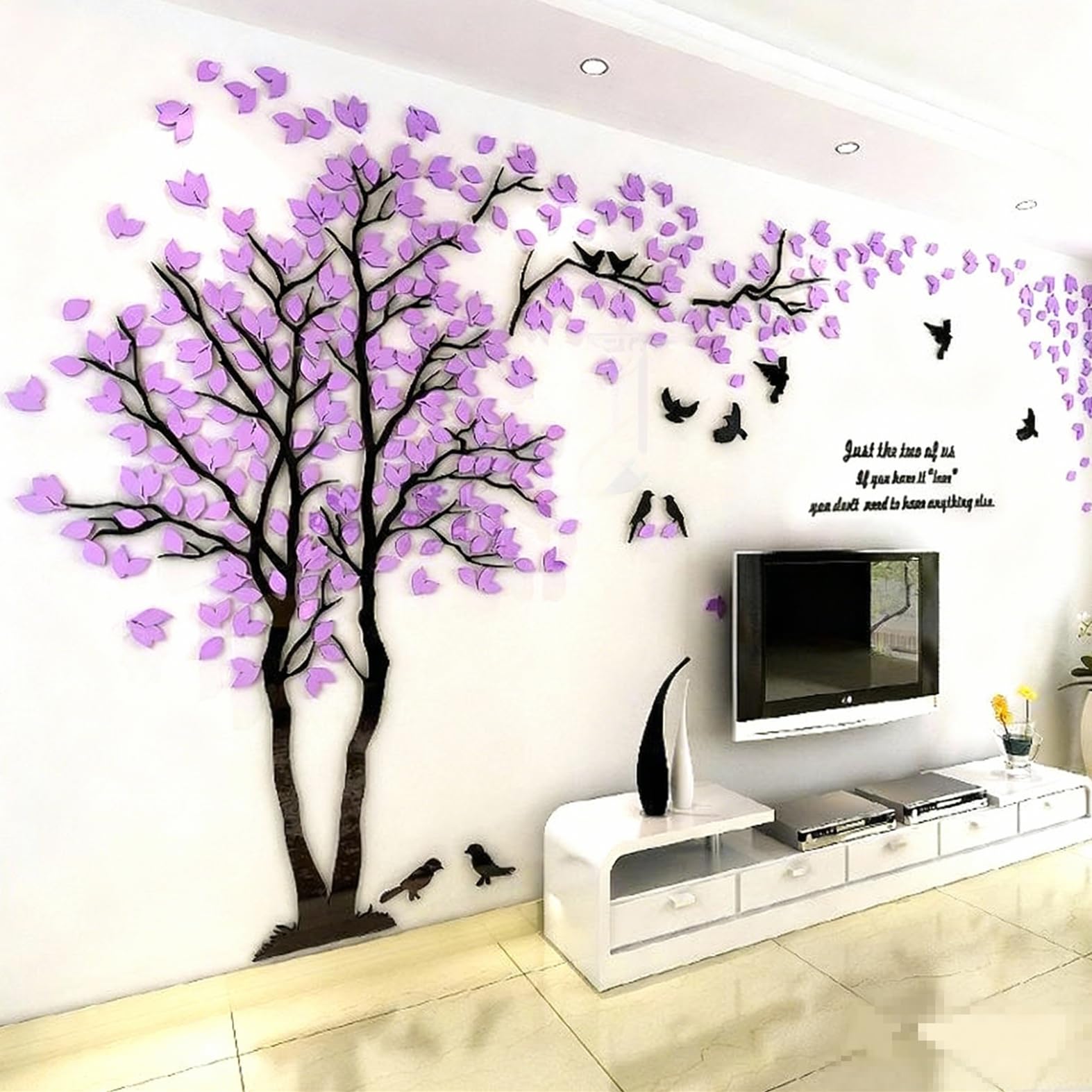 Albero Adesivo da Parete, Alberi e Uccelli 3D Adesivi Murali Arts Wall Sticker Decorativi per TV Par, Camera da Letto, Ufficio(Porpora Sinistra,L-300 * 150cm)