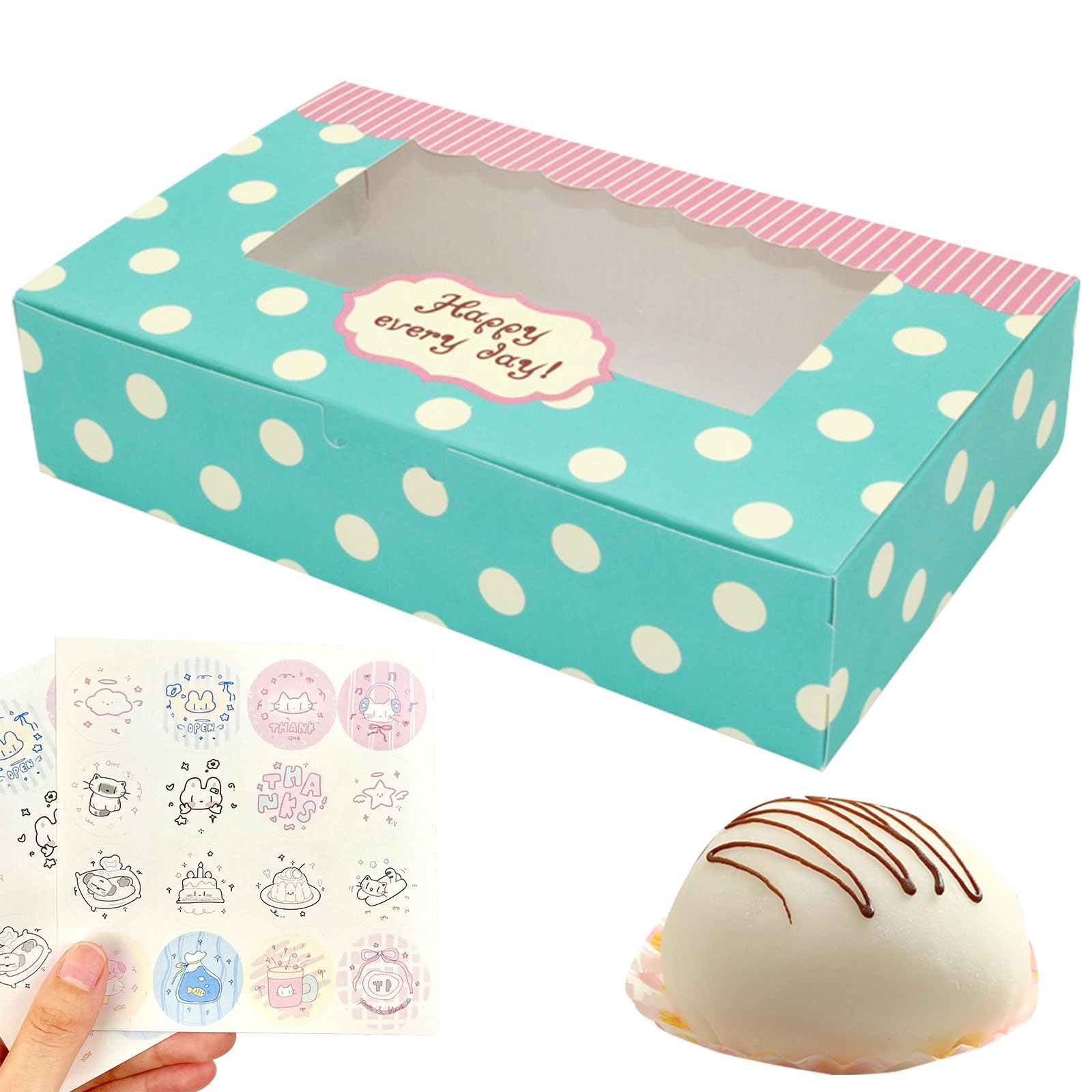 12 sztuk pudełek na słodycze z okienkiem 8,5”*5,5”*2” Pudełka na ciastka i babeczki z okienkiem i naklejkami Papierowe pudełka do pakowania wypieków piekarniczych, pączków, herbatników (B)