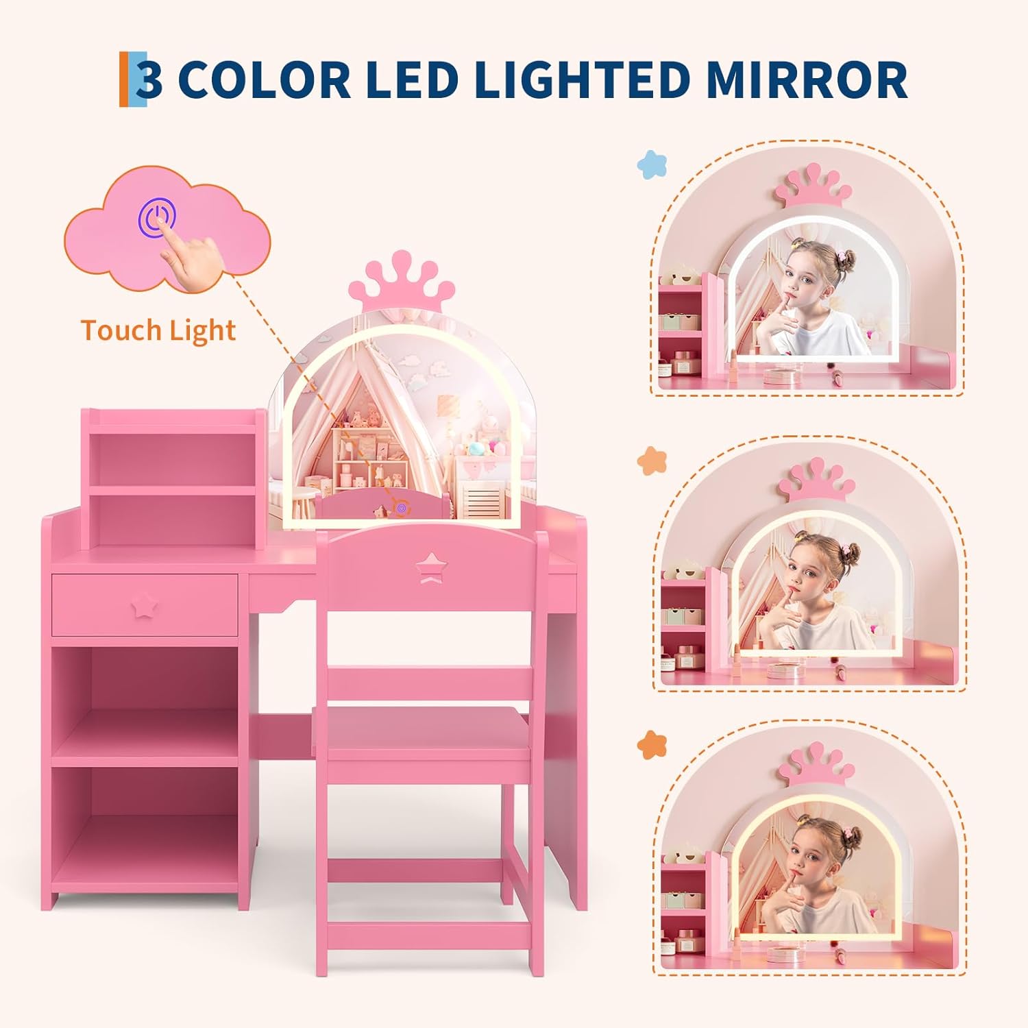 Kids Vanity Table and Chair Set w/LED Lighted Mirror, Wooden Princess Makeup Desk w/Drawer & Shelves for Toddler Girls Bedroom