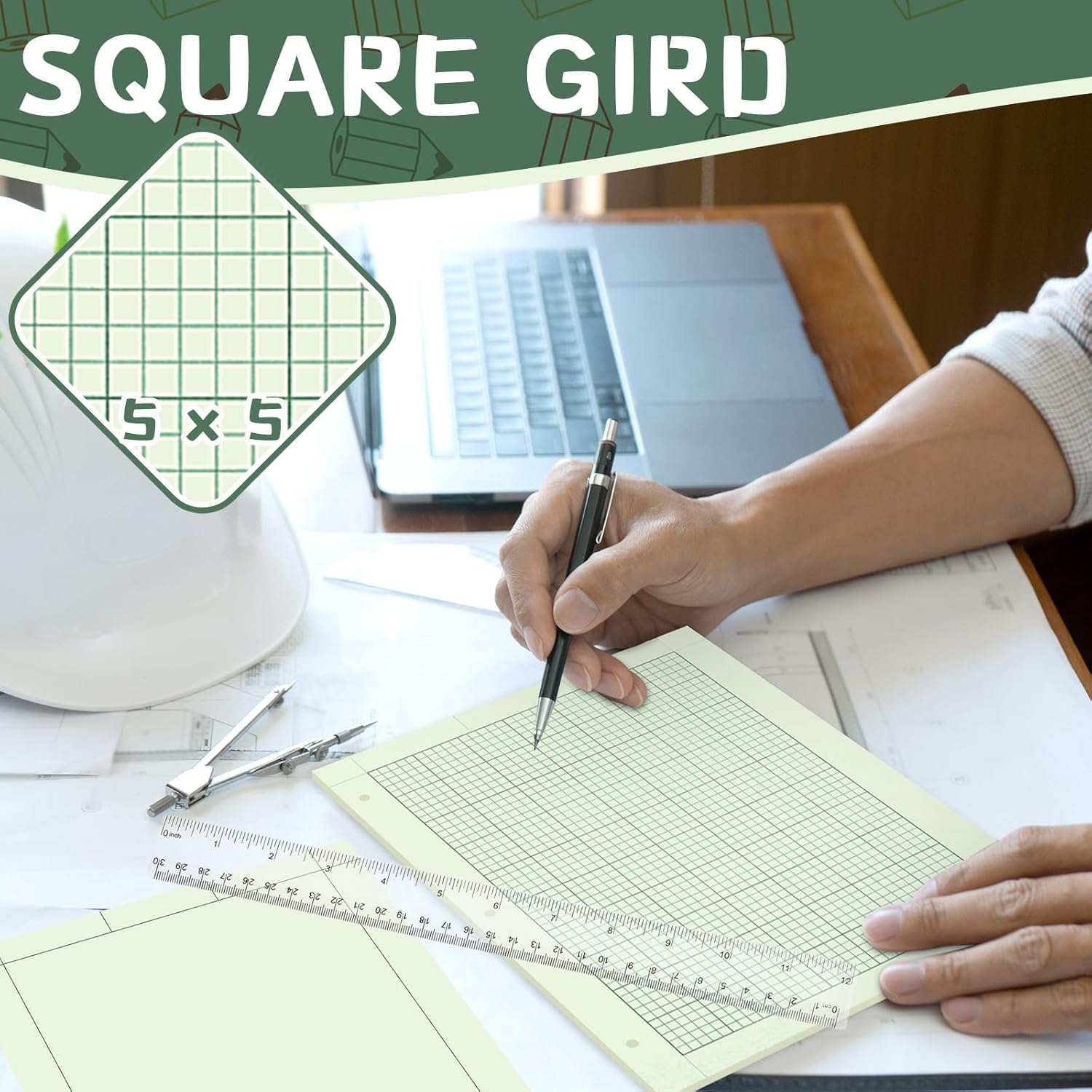 Feifeiya 8 Pack Engineering Paper Notebook Graph Paper Pads 8.5 x 11 Inches Engineer Computation Pad with Plastic Rulers 12 Inch,3 Hole 5x5 Quad Grid Engineering Pad, 100 Sheets/Pack (Green)