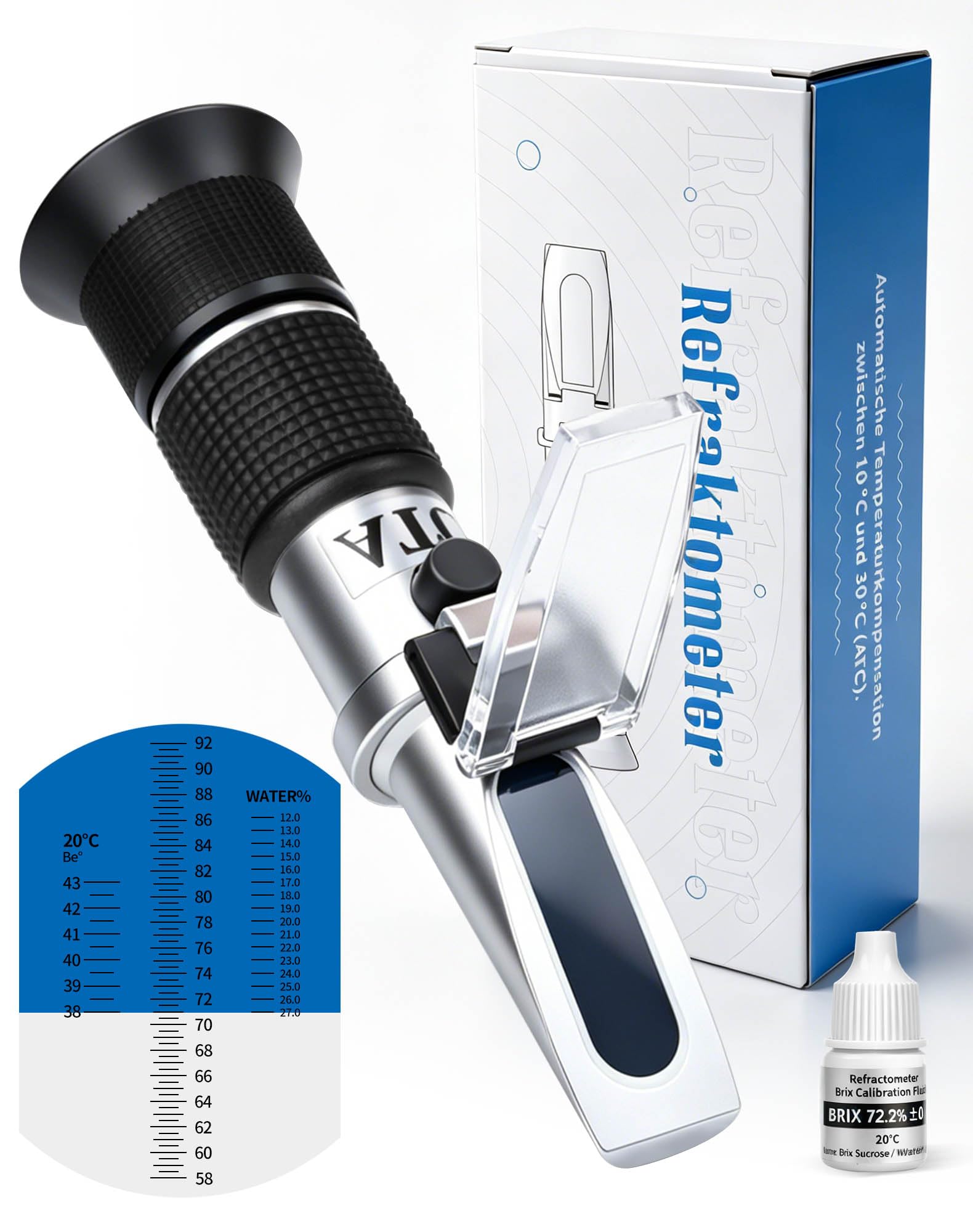 LAOYE 3IN1 Refraktometer Honig Wassergehalt 12-27% Brix 58–92% Baumé 38-43°Bé Imker Refraktometer Honey Refractometer ATC mit Kalibrierung Honey Tester für Honig Pflanzenölen Zuckersirup Melass