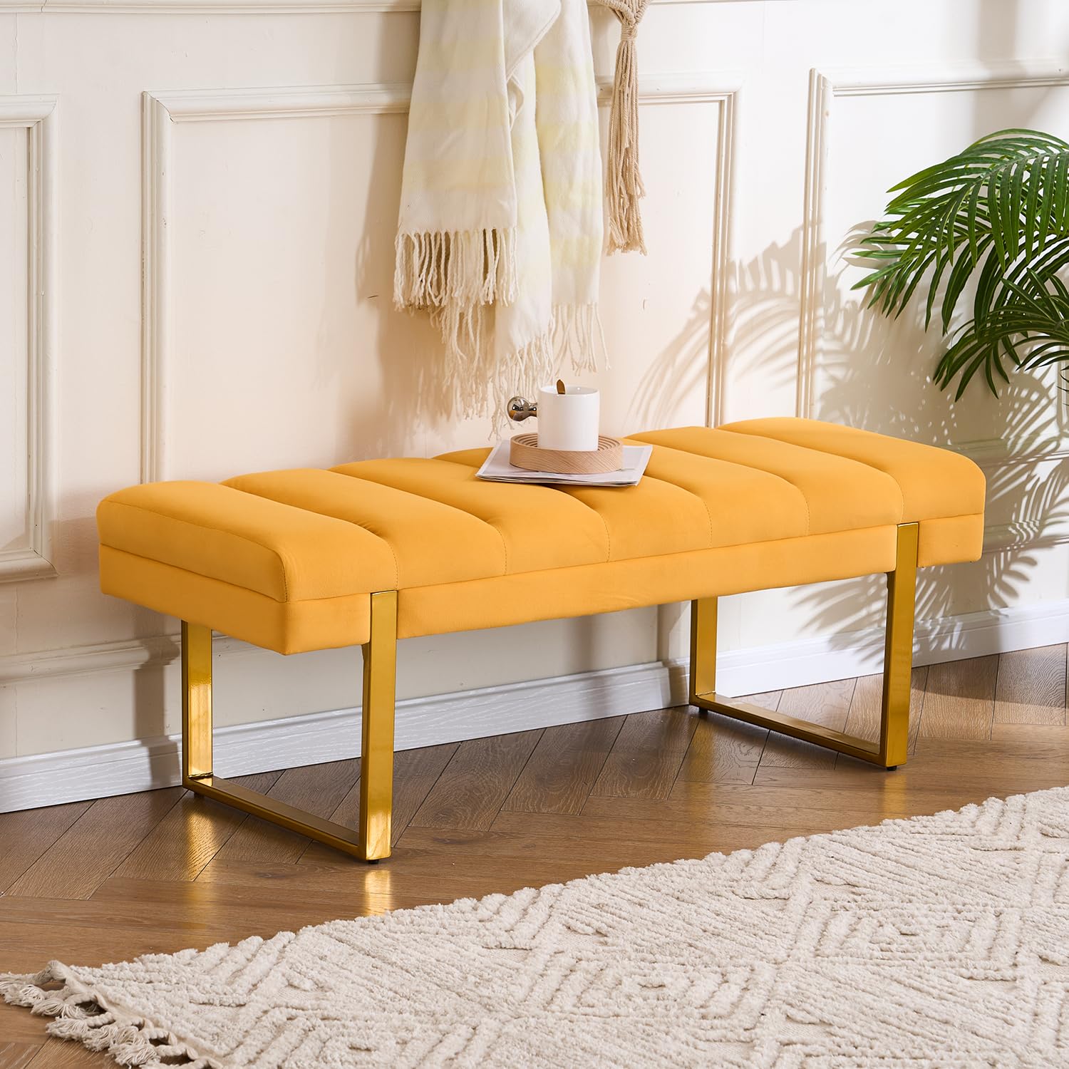 AIITTCC Velvet Ottoman Bedroom Bench, 46.5" Tufted Padded End of Bed Bench with Gold Legs, Upholstered Shoe Bench for Living Room Entryway Window (