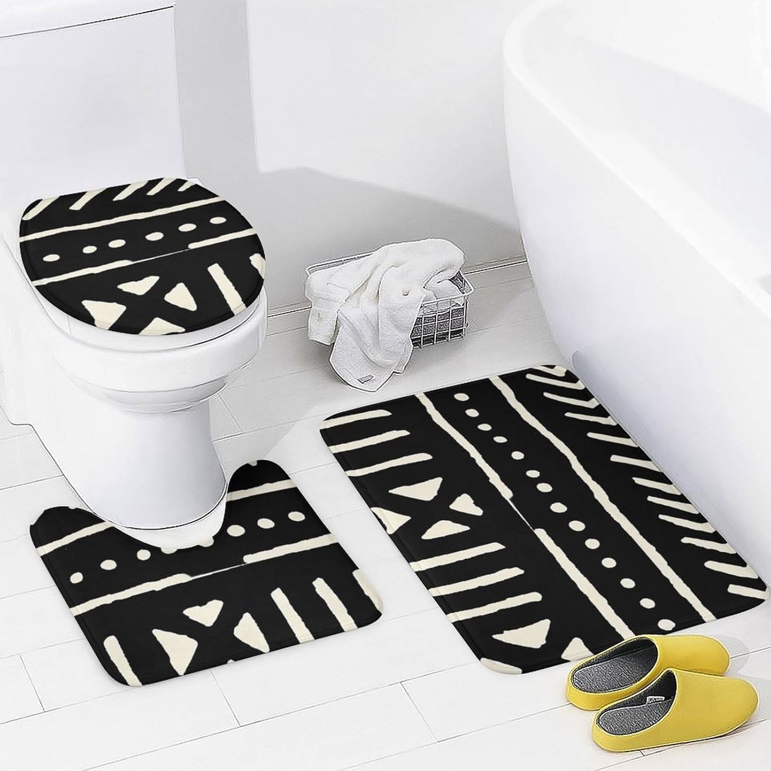 African Mud Cloth Black and White Bathroom Four Piece Set, Including Floor Mat and Shower Curtain