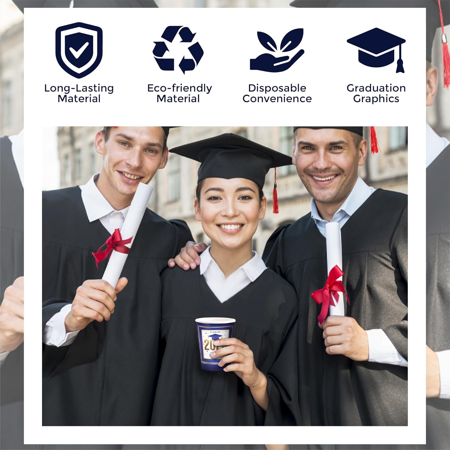 Graduation Decorations Class of 2025 Blue and Gold - Complete Disposable Tableware Set for 24 Guests, Includes Paper Plates, Cups, Napkins, Cutlery - Perfect for Graduation class of 2025 Celebrations