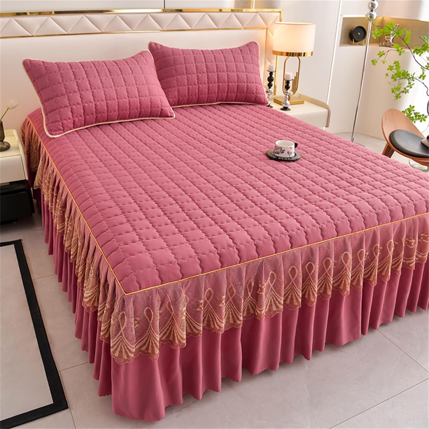 Jupe de lit à couverture complète rose foncé en microfibre matelassée 180x220cm