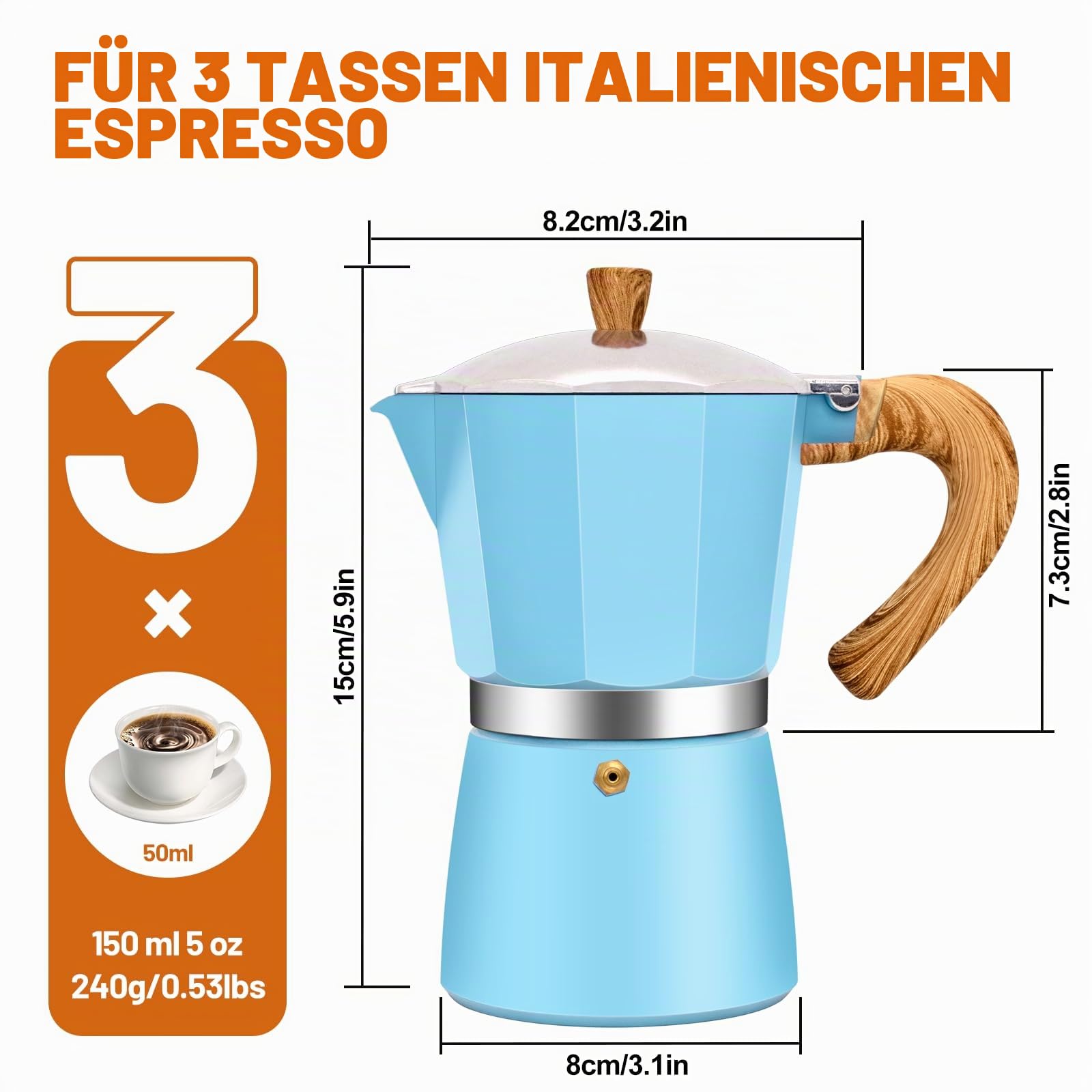 3 Tasse Aluminium Espresso Stovetop Moka Pot Express Kaffeemaschine Perkolator italienischen klassischen Mokka Kaffeemaschine für und kubanische Cafe Brauerei für Haus & Camping 150ml 5oz