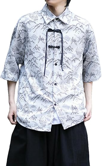 Mens Summer Hanfu Wrinkle-Resistant Ice Silk Short Sleeve Shirt