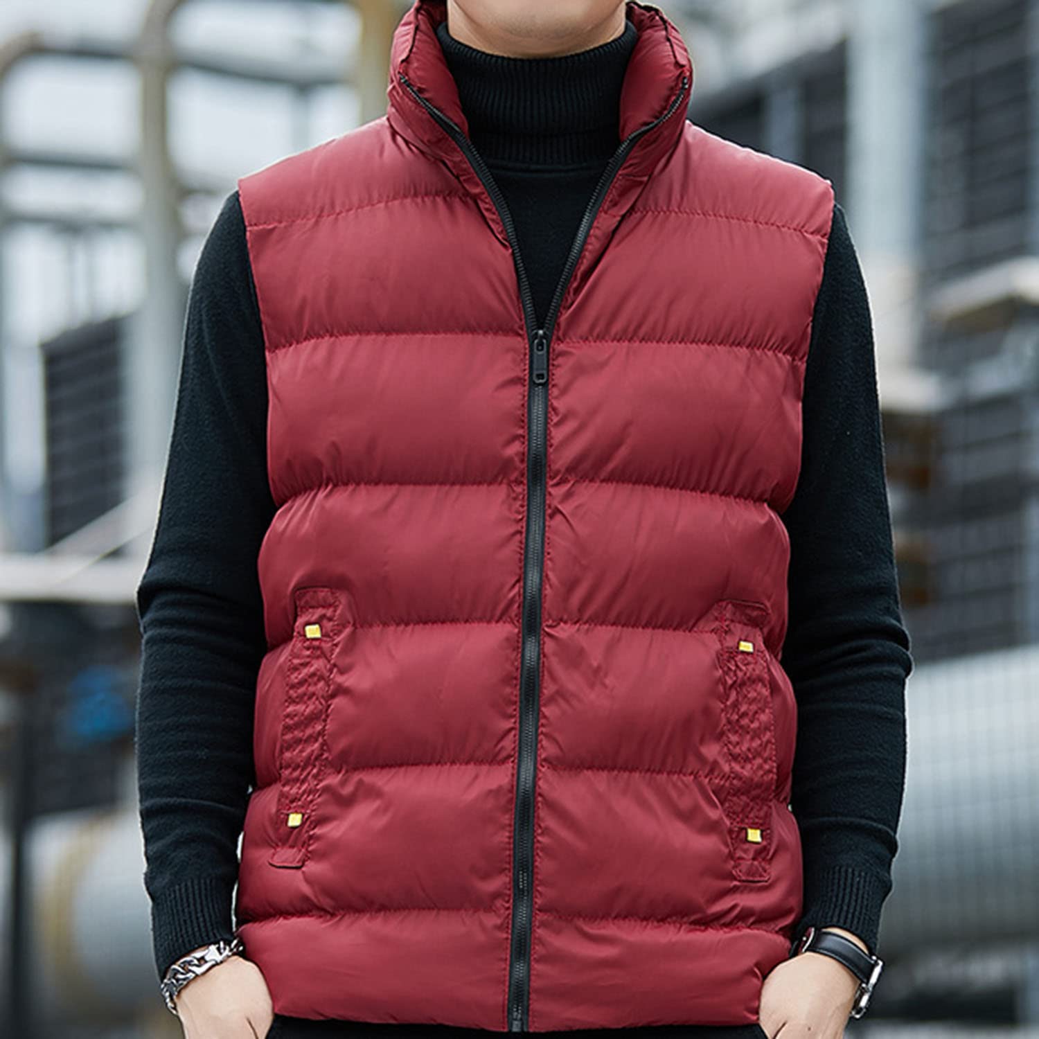 Chaleco De Los Hombres Sin Mangas Cuello De Pie Abajo Chaleco Acolchado Cálido Otoño E Invierno Chaqueta Engrosada con Bolsillo De Cremallera Chaleco Viento Y Frío