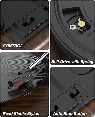 Miniatura 4 de MONODEAL - Tocadiscos de vinilo con altavoces, tocadiscos de 3 velocidades para discos de vinilo con transmisor Bluetooth, parada automática, salida