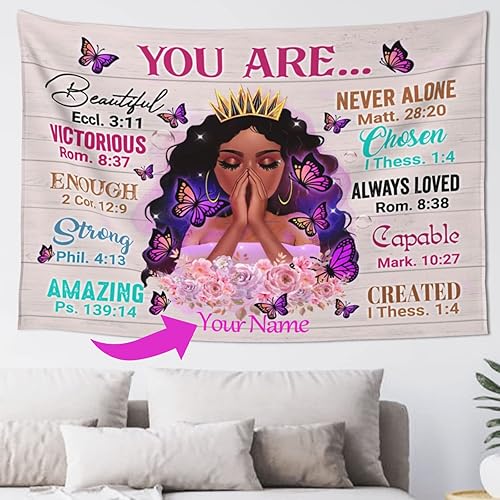 Tapiz personalizado de niña negra con nombre personalizado afroamericano motivacional para colgar en la pared, para mujeres negras, meditación de
