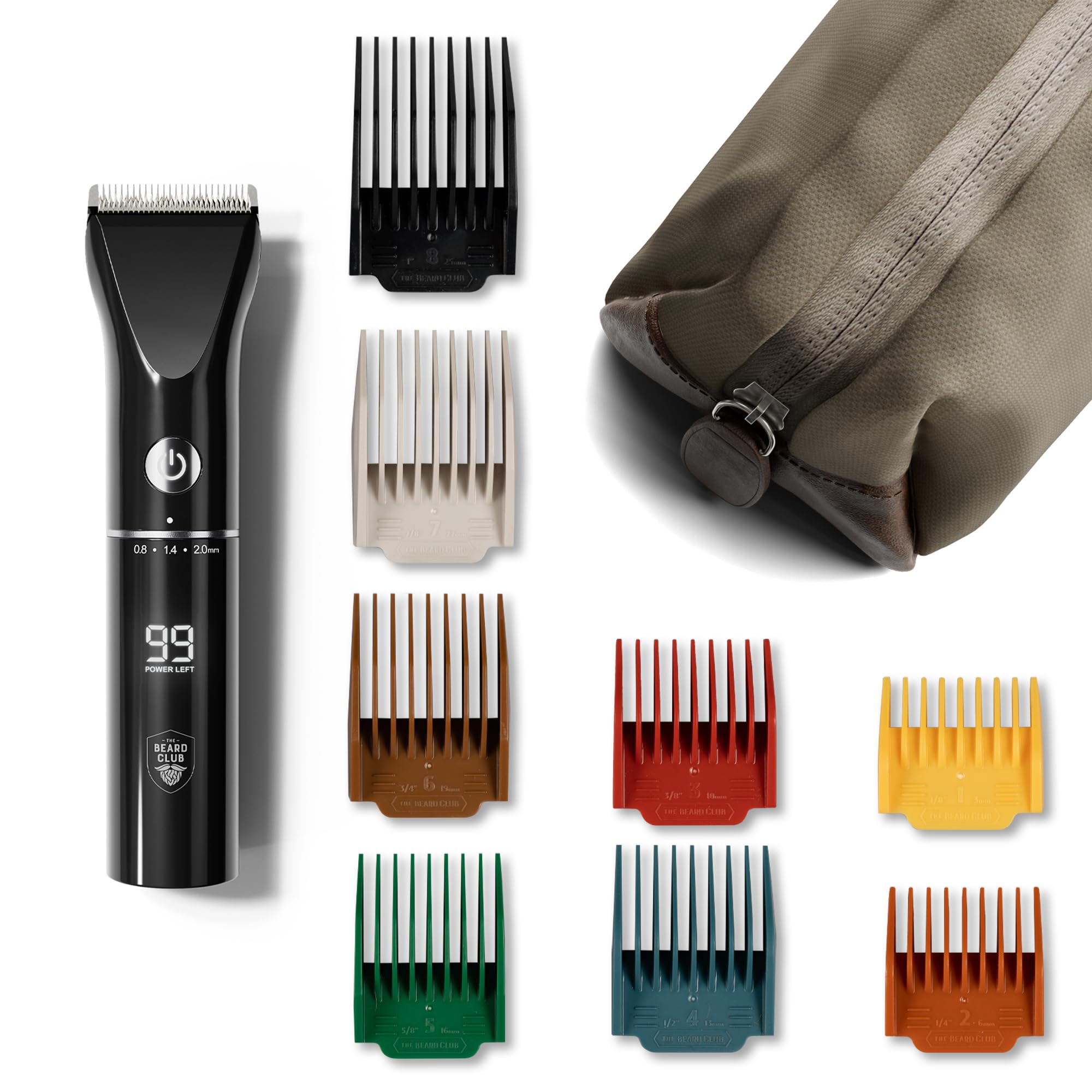 Beard Club Beard Trimmer for Men with Travel Bag - Electric Cordless Rechargeable Beard & Hair Trimmer - High Power 7000 RPM - 8 Color Guides 45 Unique Trim Lengths - Travel Lock