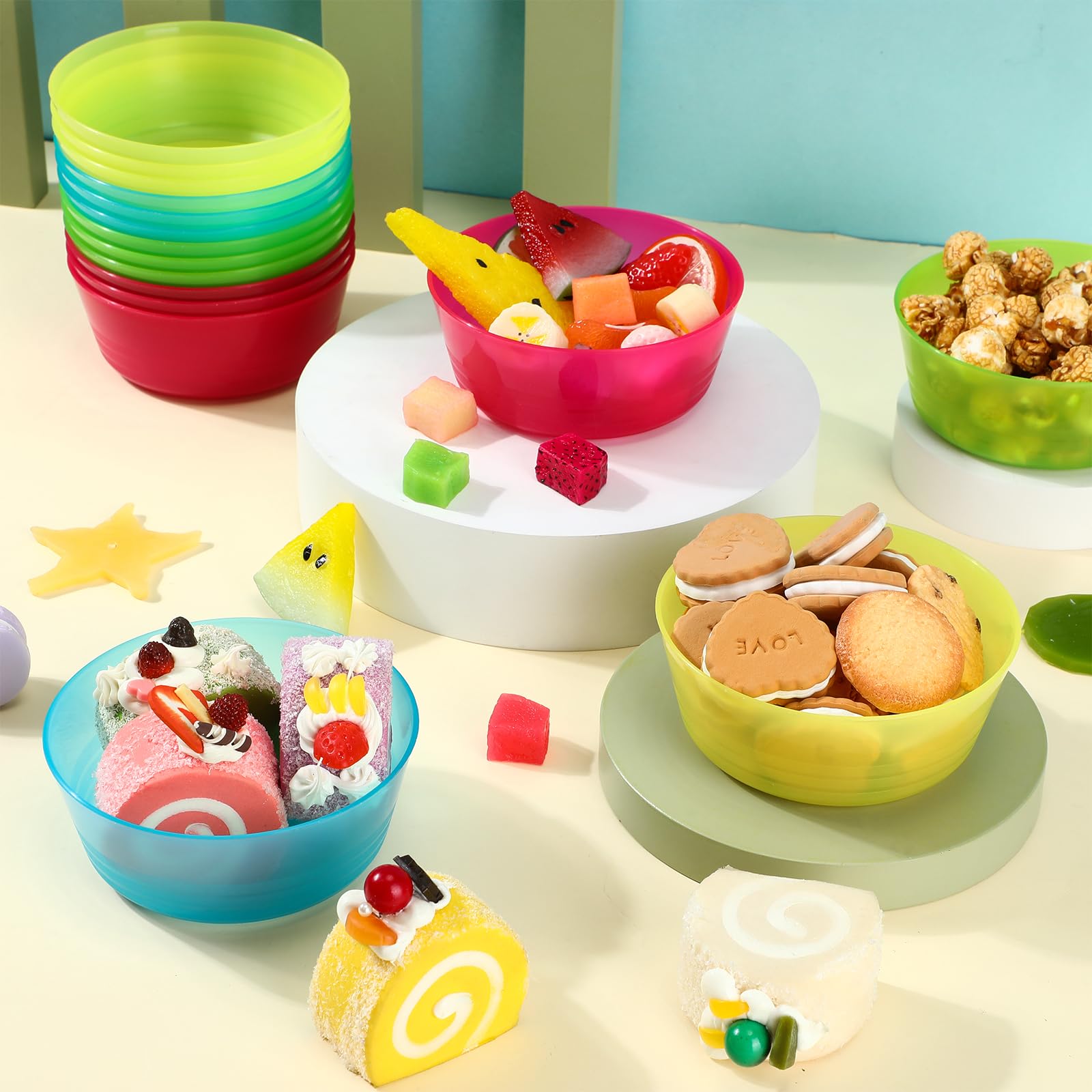 Dandat Juego de 96 cuencos de plástico de 14 onzas, cuencos de plástico de colores brillantes para cereales, aptos para lavavajillas, microondas, cuencos para aperitivos, cuencos para niños,