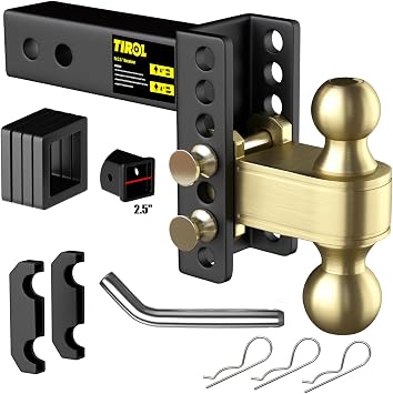 TIROL 2.5 inch Adjustable Hitch, 2.5 Hitch Receiver, 4" Drop, 2" & 2-5/16" Dual Ball Hitches for Trucks, 25000 LBS, Heavy Duty Trailer Hitch for 2.5" Receiver Class v 350 Truck RVs Campers Boat