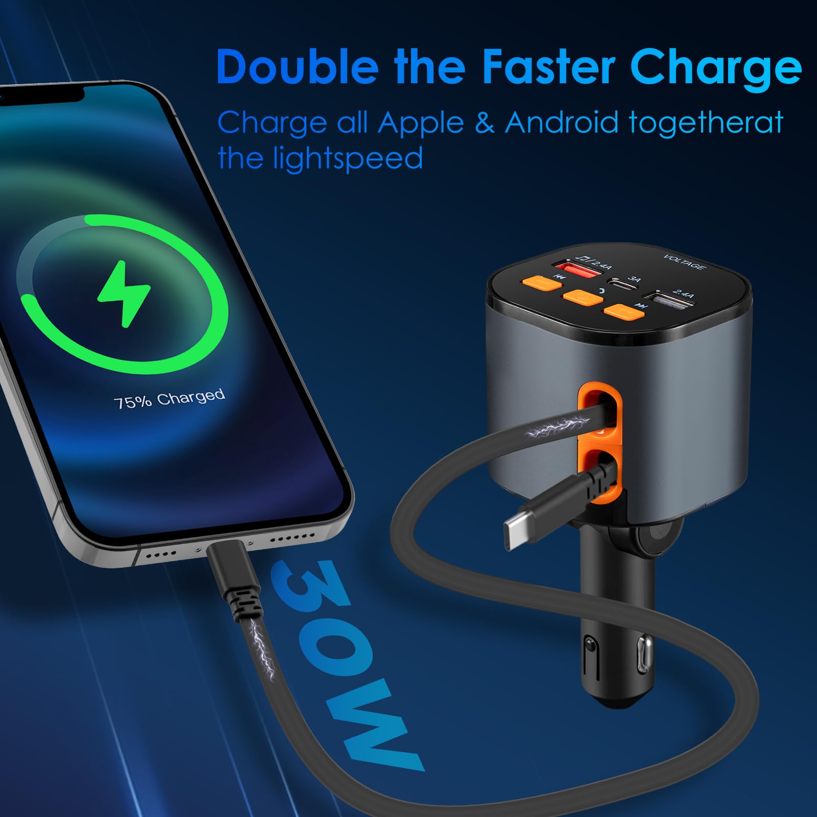 Einziehbares Autoladegerät, 5 in 1 Schnellladegerät, 90W Schnellladegerät, Bluetooth 5.3 FM Transmitter Adapter, Freisprechen, 2 einziehbare Kabel und USB-Ladegeräte für iPhone 15/14/13