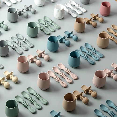 Miniatura 6 de SAMiGO Utensilios de silicona para bebés – Cucharas de autoalimentación y pequeña taza de entrenamiento – Suministros de destete LED para bebés