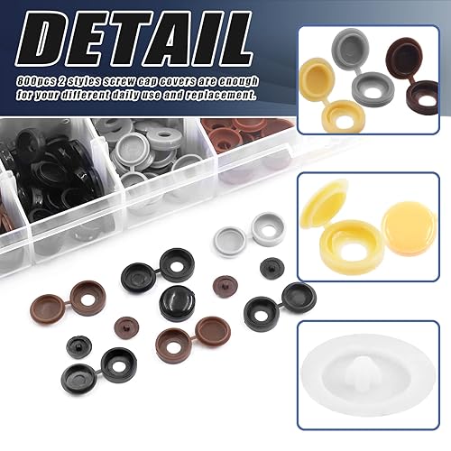 Miniatura 4 de Glarks Juego surtido de 800 tapas de rosca de 2 estilos, 9 colores, 300 tapas con bisagras y a presión de 0.157 in a 0.236 in, 500 tapas de cabeza