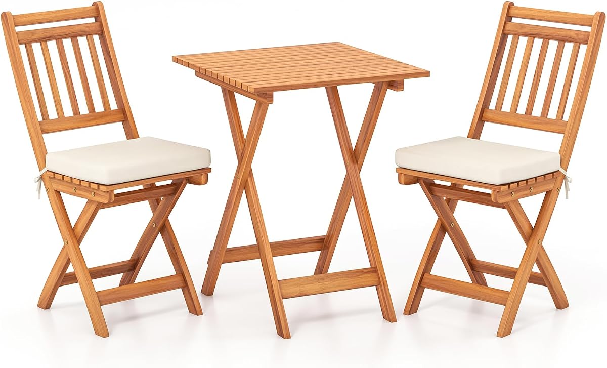 RELAX4LIFE 3-Piece Patio Bistro Set Acacia Wood, Folding Outdoor Table and Chairs for 2 w/Seat Cushions, Armless Conversation Dining Furniture for Garden Porch Balcony, Wooden Patio Furniture Set