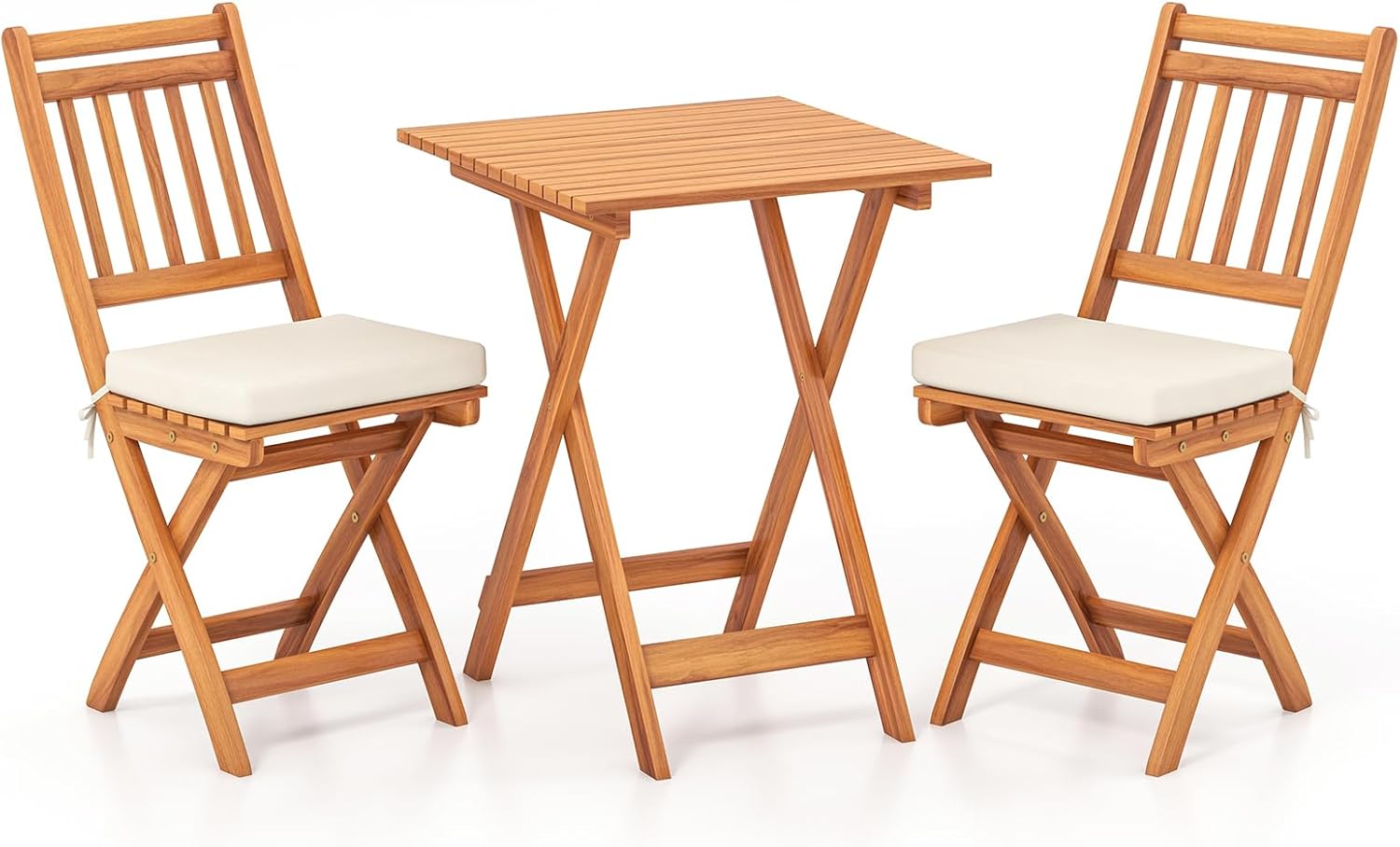 RELAX4LIFE 3-Piece Patio Bistro Set Acacia Wood, Folding Outdoor Table and Chairs for 2 w/Seat Cushions, Armless Conversation Dining Furniture for Garden Porch Balcony, Wooden Patio Furniture Set