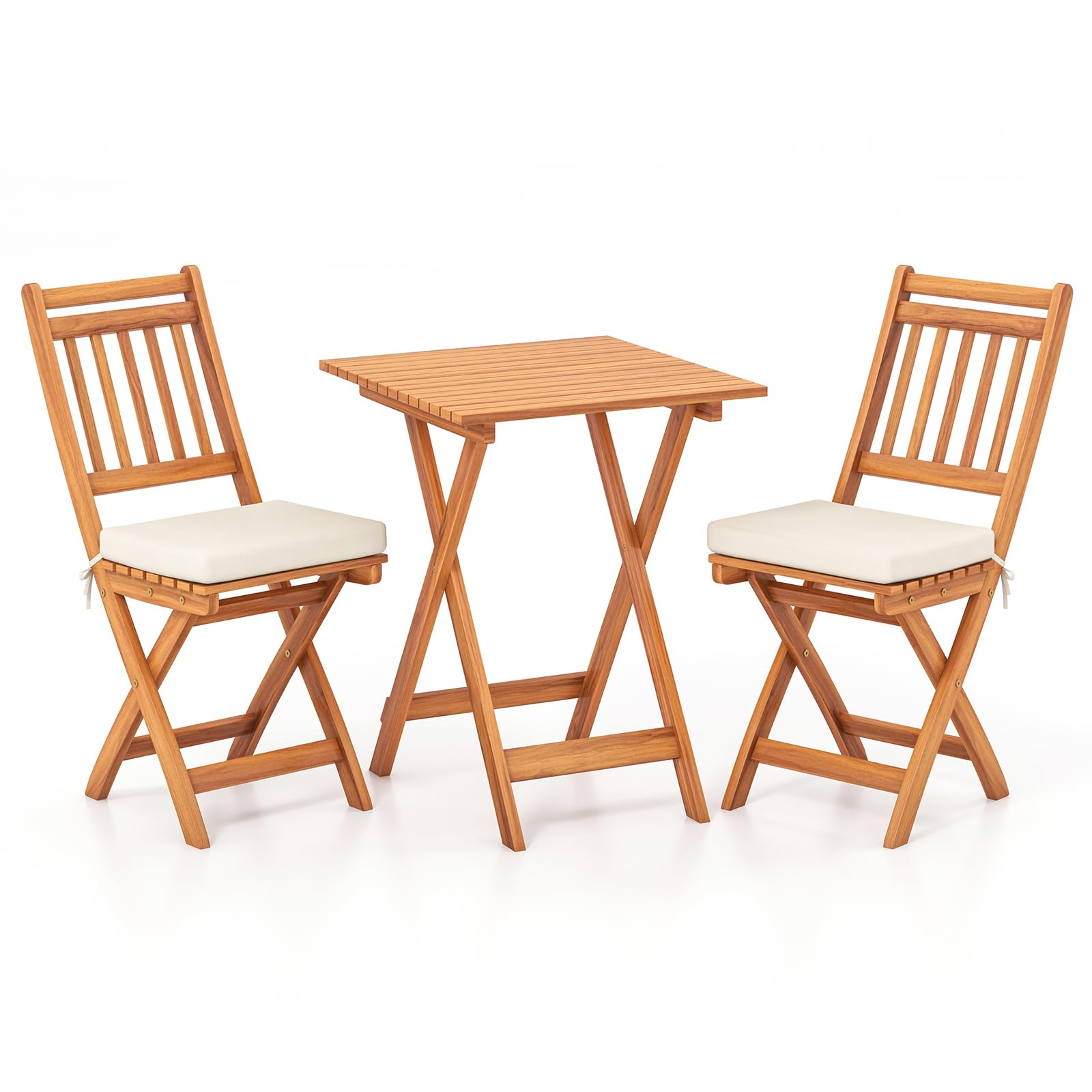 TANGZON 3 Pieces Folding Patio Bistro Set, Acacia Wood Outdoor Square Dining Table and 2 Chairs with Cushions, Garden Dining Furniture Sets for Backyard Lawn Balcony Poolside (White Cushions)