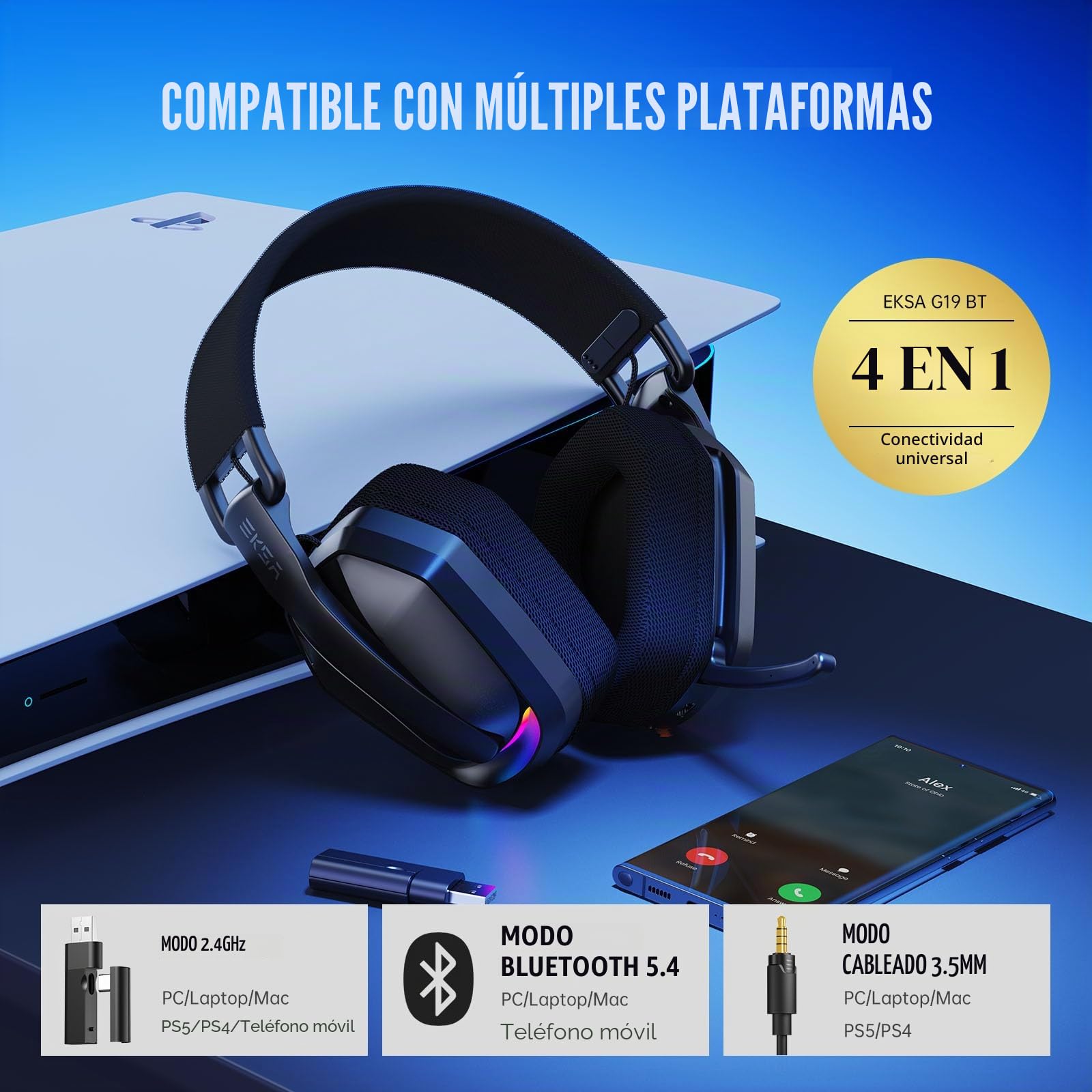 EKSA G19 BT Cascos Gaming Inalámbricos,4 en 1 Auriculares Gaming con Micrófono USB 30ms Baja Latencia Gaming Headset BT 5.4 y RGB Luz, para PC PS5 PS4 Mac Móvil