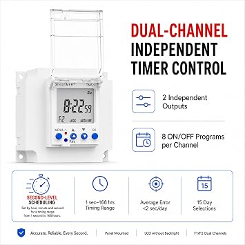 Dual Channel Programmable Timer Switch, 2CH Digital Timer Relay, 12V DC 16A, 7 Days Weekly Timer, with LCD Display Panel/Wall Mount