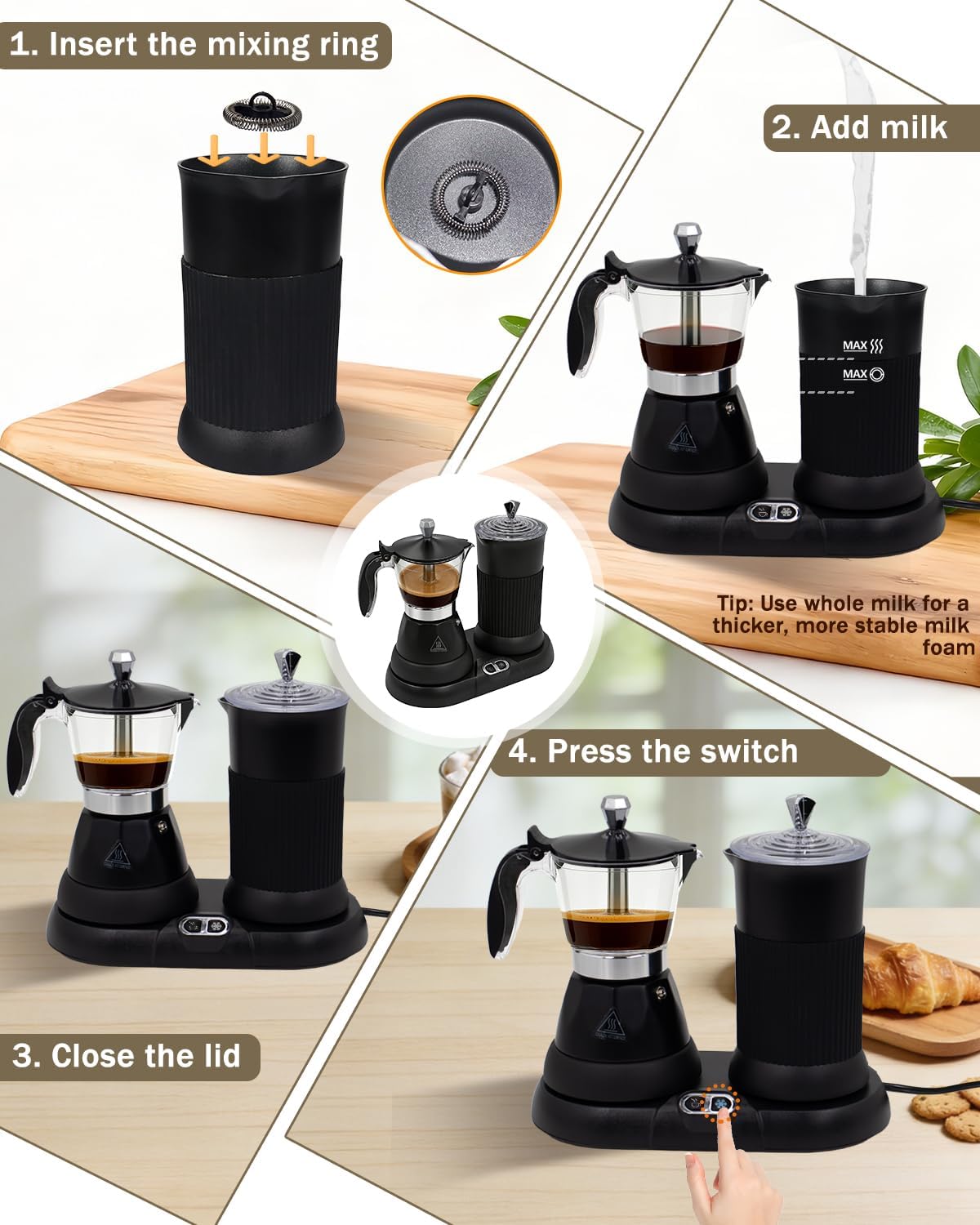 2-in-1 Milk Frother Electric Foam Maker and Moka Coffee Maker Espresso Maker 110V Electric Base Aluminum Frother Moka Pot 5oz 150ml Frothing Easy Brewing Latte Cappuccino Home Gift Black