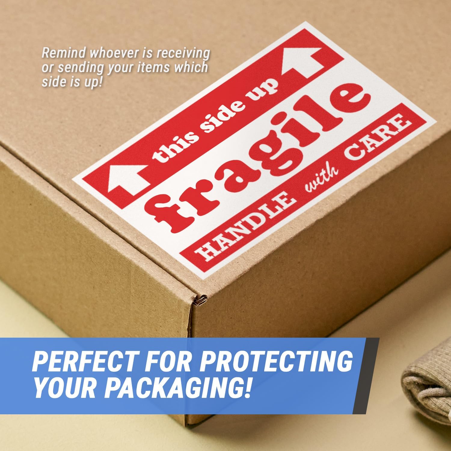 300 Labels - 3 x 5 inch Rectangle, This Side Up, Fragile, Handle with Care Labels with Self Adhesive for Delicate Items (Red, Semi-Gloss)