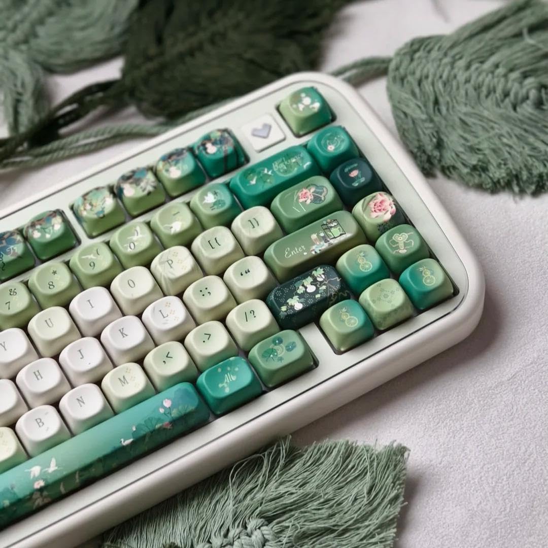 Green White keycap 120 Key Dye Sub PBT keycaps 60% 75% 100% Cute keycaps MOA Profile Custom Keyboard Keycap Set Compatible with US UK Layout Mechanical Keyboard