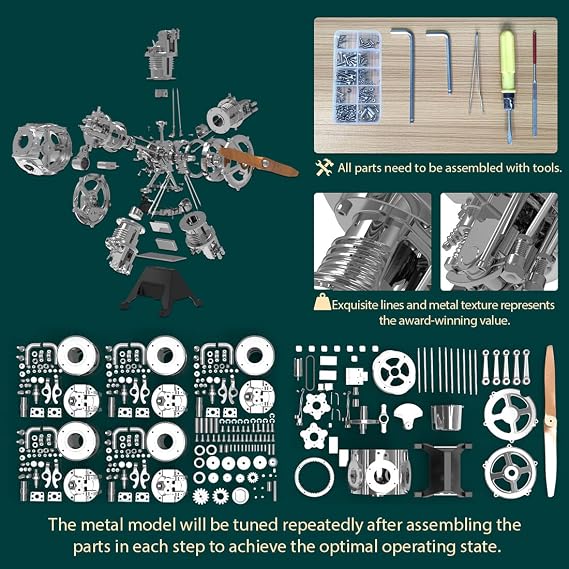 Engine Model Kit, 230+PCS 1:6 Five-Cylinder Engine Motor Kit Metal Mechanical Engine Kit, Engine Set for Adults