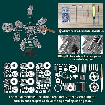 Engine Model Kit, 230+PCS 1:6 Five-Cylinder Engine Motor Kit Metal Mechanical Engine Kit, Engine Set for Adults