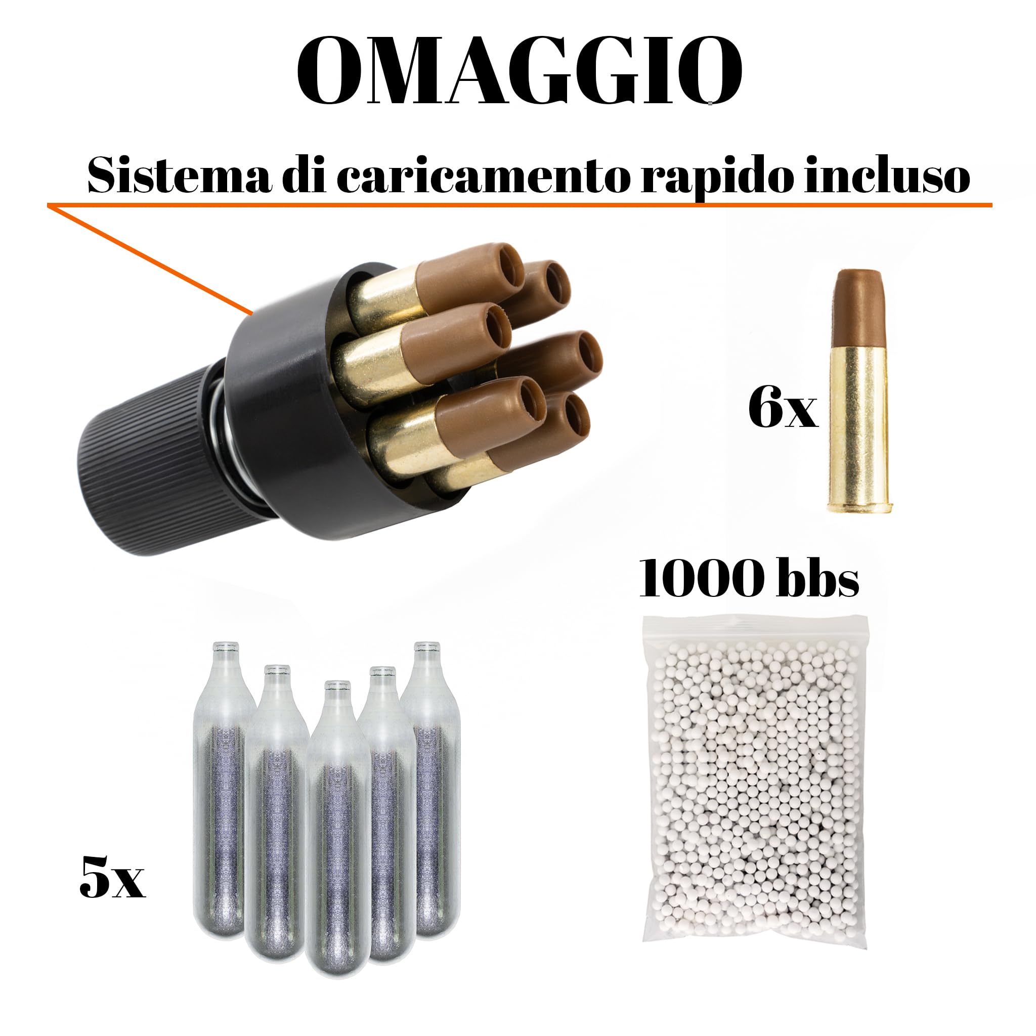 Pistola Softair Revolver, Pistola a Pallini, 5 bombolette Co2, 1000 Pallini 6mm, caricatore, 6 bossoli, Airsoft, Pistole Softair, potenza 0,9 joule, dimensioni cm 34x12,5